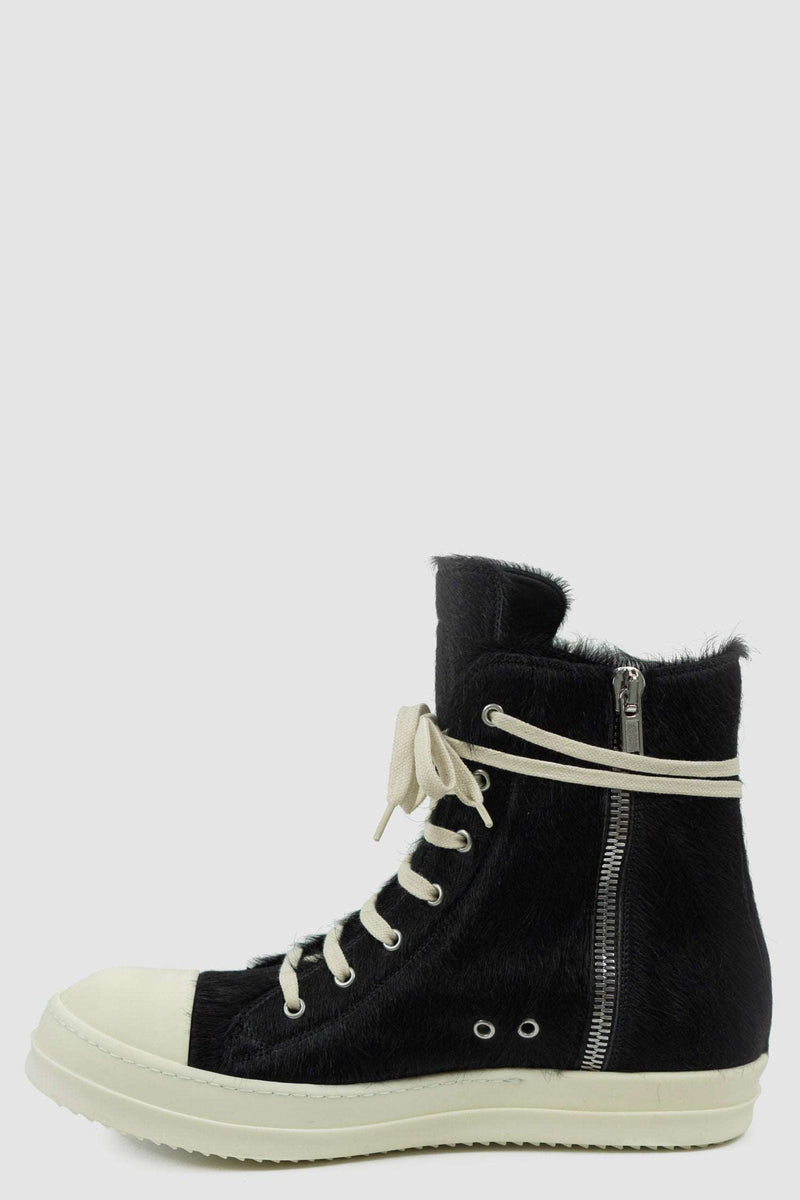 Rick Owens Black Long Hair Fur Ramones Leather Sneakers for Men from the FW22 Collection with Inside Zipper Detail, right outer view.