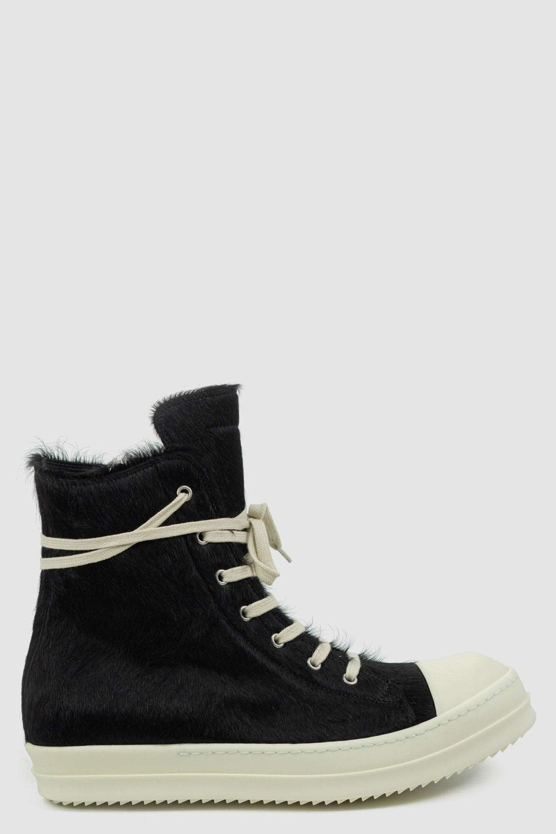 Rick Owens Black Long Hair Fur Ramones Leather Sneakers for Men from the FW22 Collection with Inside Zipper Detail, right inner view.