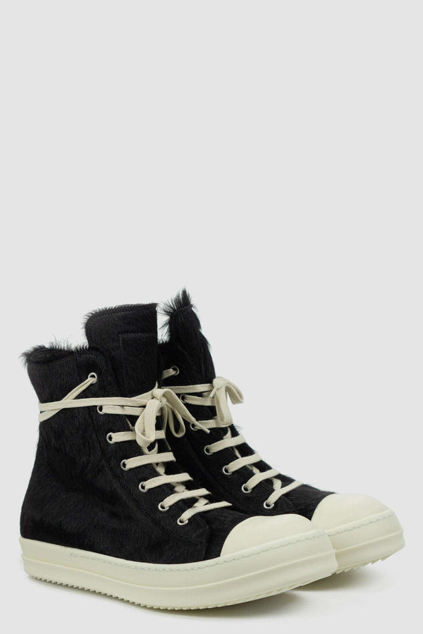 Rick Owens Black Long Hair Fur Ramones Leather Sneakers for Men from the FW22 Collection with Inside Zipper Detail, front left .
