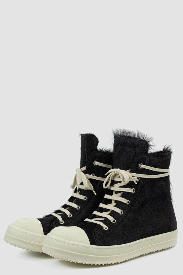 Rick Owens Black Long Hair Fur Ramones Leather Sneakers for Men from the FW22 Collection with Inside Zipper Detail, front tight.