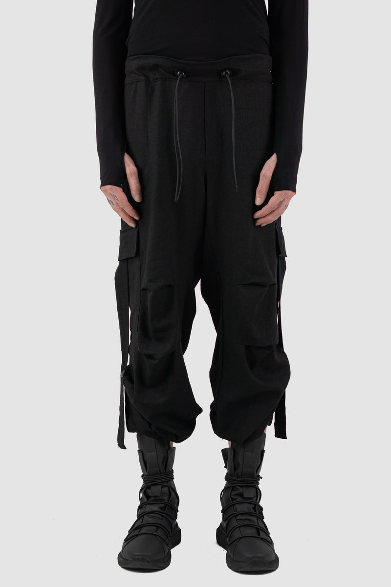 Front view of Black Linen-Viscose Cargo Pants for Men with transformable leg length, LA HAINE INSIDE US