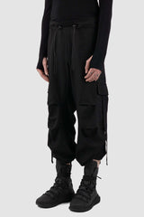 Side view of Black Linen-Viscose Cargo Pants for Men with transformable leg length, LA HAINE INSIDE US