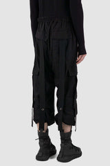 Side view of Black Linen-Viscose Cargo Pants for Men with transformable leg length, LA HAINE INSIDE US