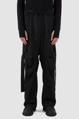 Front view of Black Linen-Viscose Cargo Pants for Men with transformable leg length, LA HAINE INSIDE US