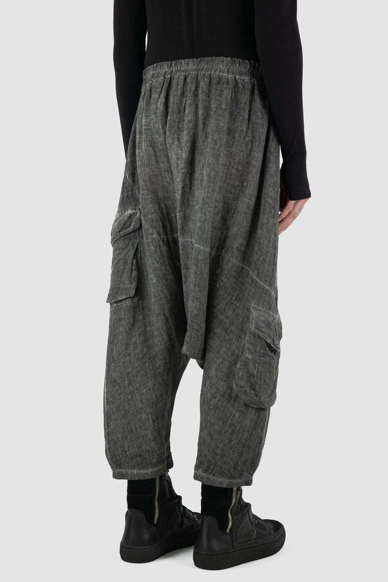 Back view of Grey Cold Dyed Linen Pants for Men with deep crotch and cargo pockets, LA HAINE INSIDE US