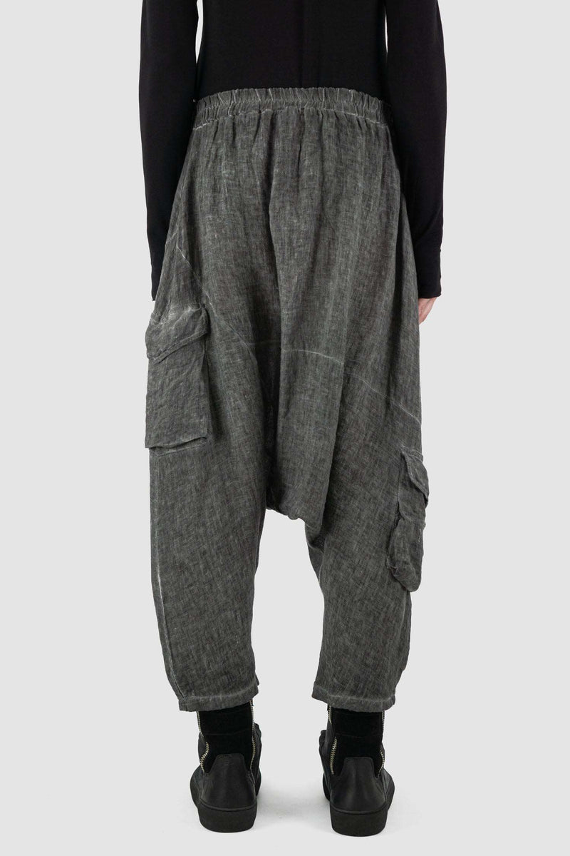 Back view of Grey Cold Dyed Linen Pants for Men with deep crotch and cargo pockets, LA HAINE INSIDE US