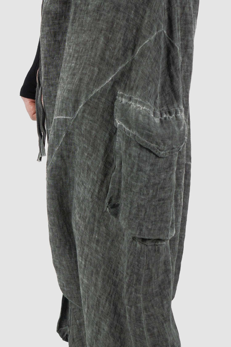 Side view of Grey Cold Dyed Linen Pants for Men with deep crotch and cargo pockets, LA HAINE INSIDE US