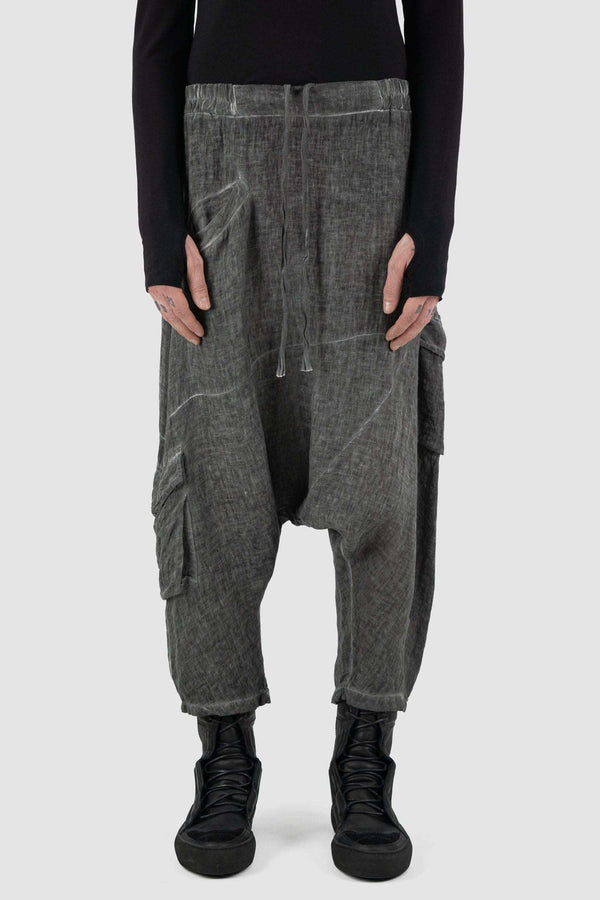 Front view of Grey Cold Dyed Linen Pants for Men with deep crotch and cargo pockets, LA HAINE INSIDE US