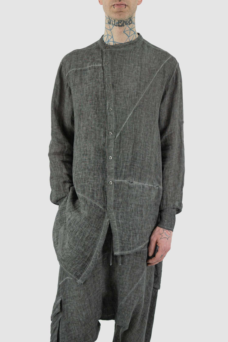 Front view of Grey Cold Dyed Shirt for Men with asymmetrical button closure, LA HAINE INSIDE US