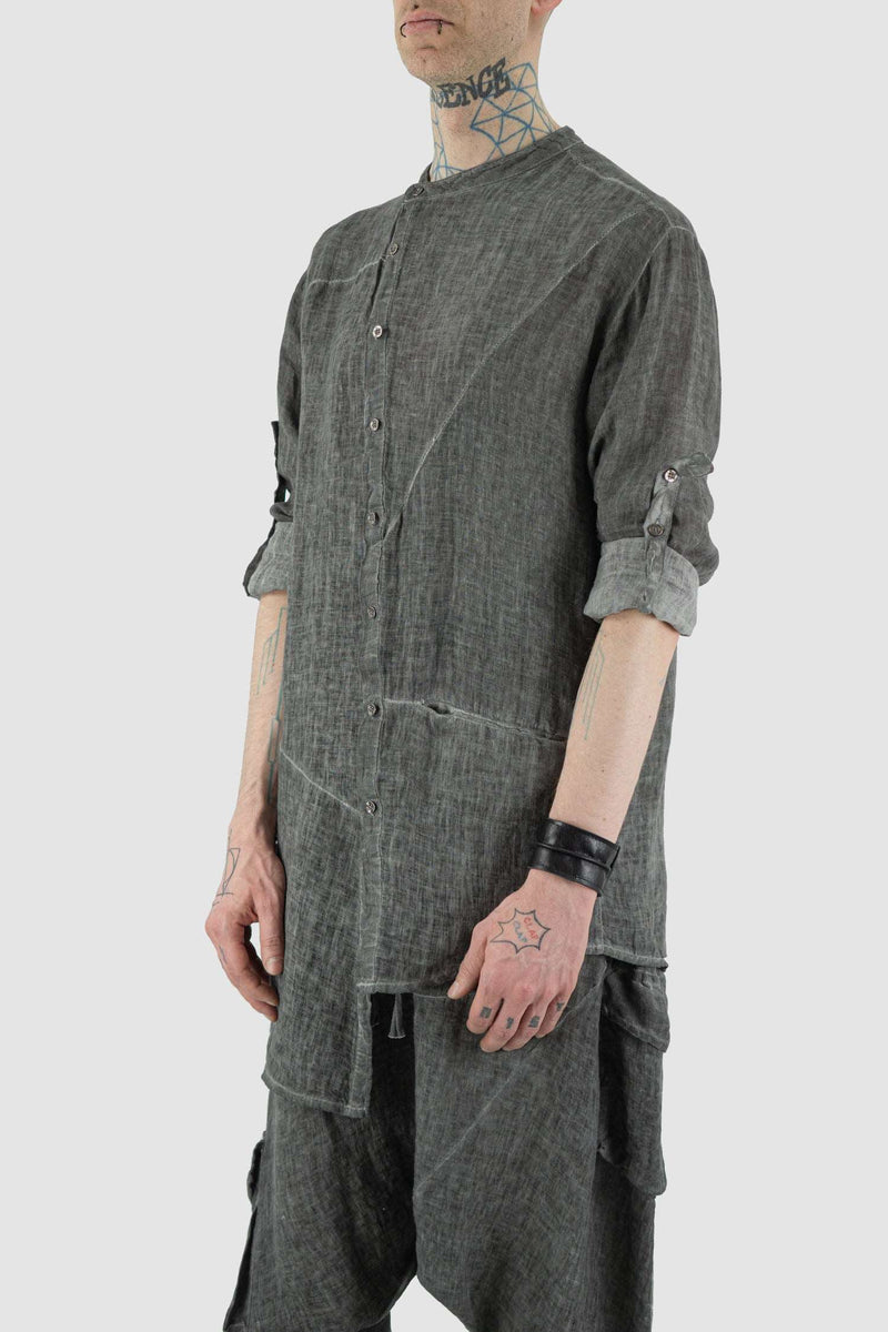 Side view of Grey Cold Dyed Shirt for Men with asymmetrical button closure, LA HAINE INSIDE US