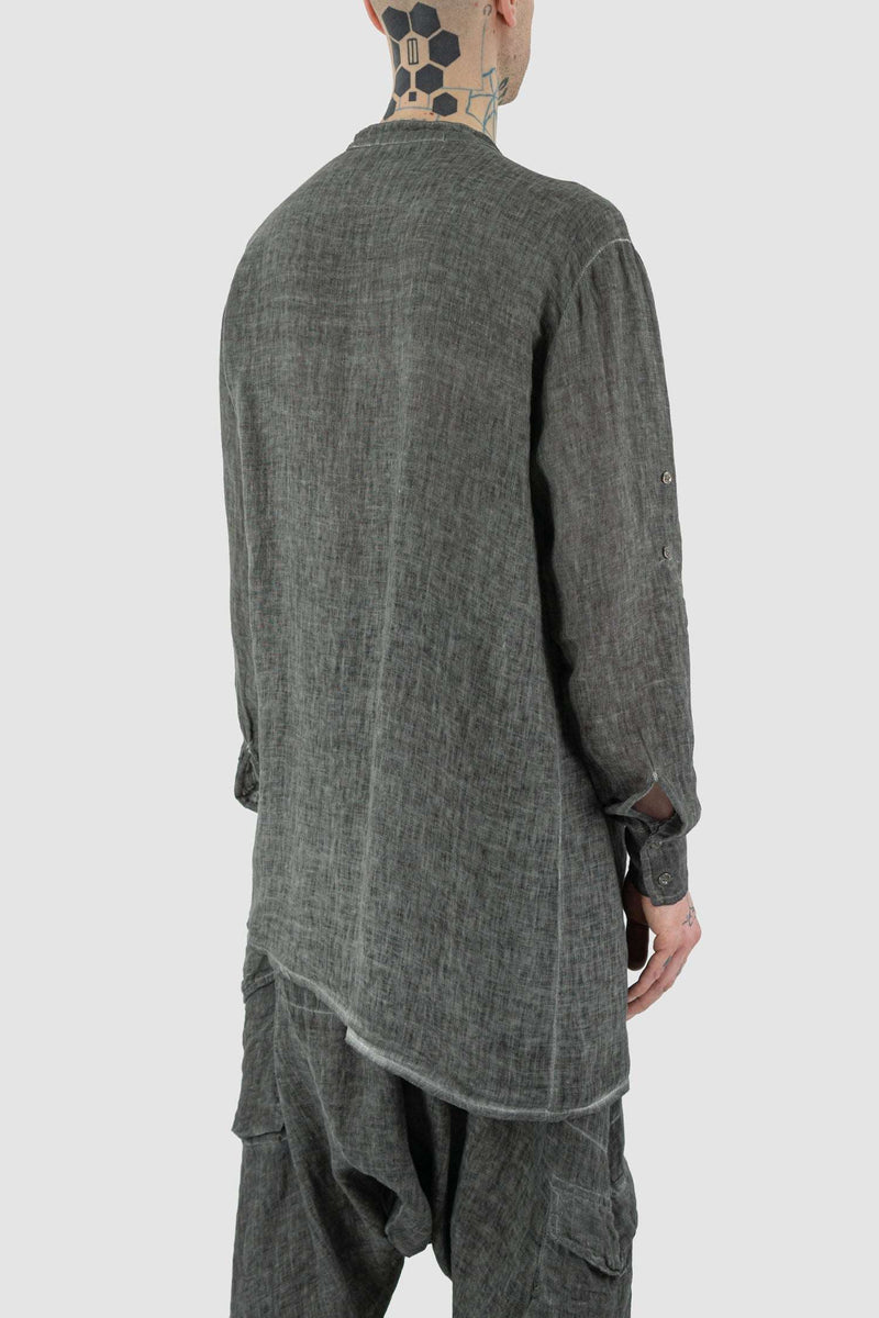 Back view of Grey Cold Dyed Shirt for Men with asymmetrical button closure, LA HAINE INSIDE US