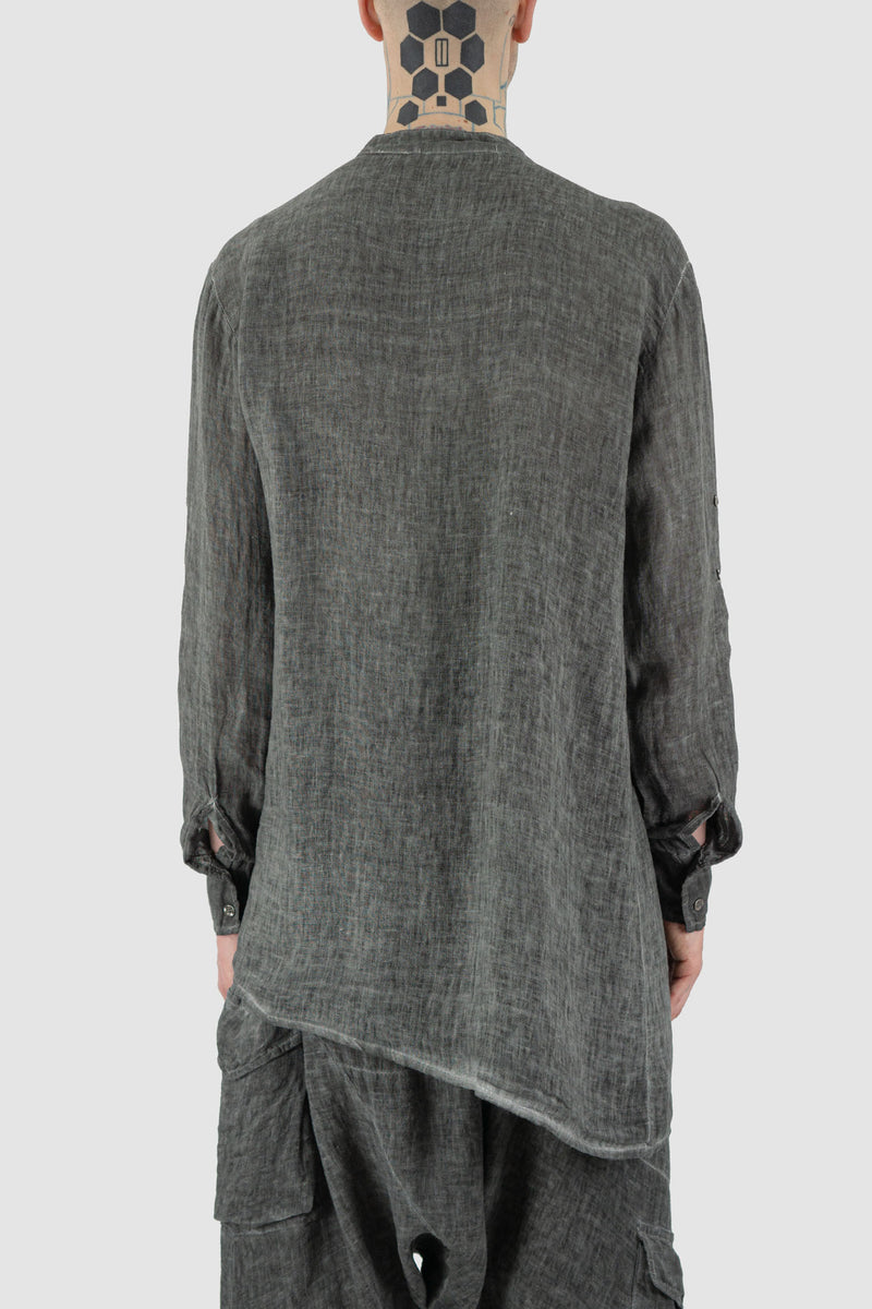 LA HAINE INSIDE US Grey Cold Dyed Shirt - SS24 Collection | 100% Linen | Asymmetrical Button Closure, Oversize Fit, Holder for Shortening Sleeves, Mandarin Neck | Made in Italy