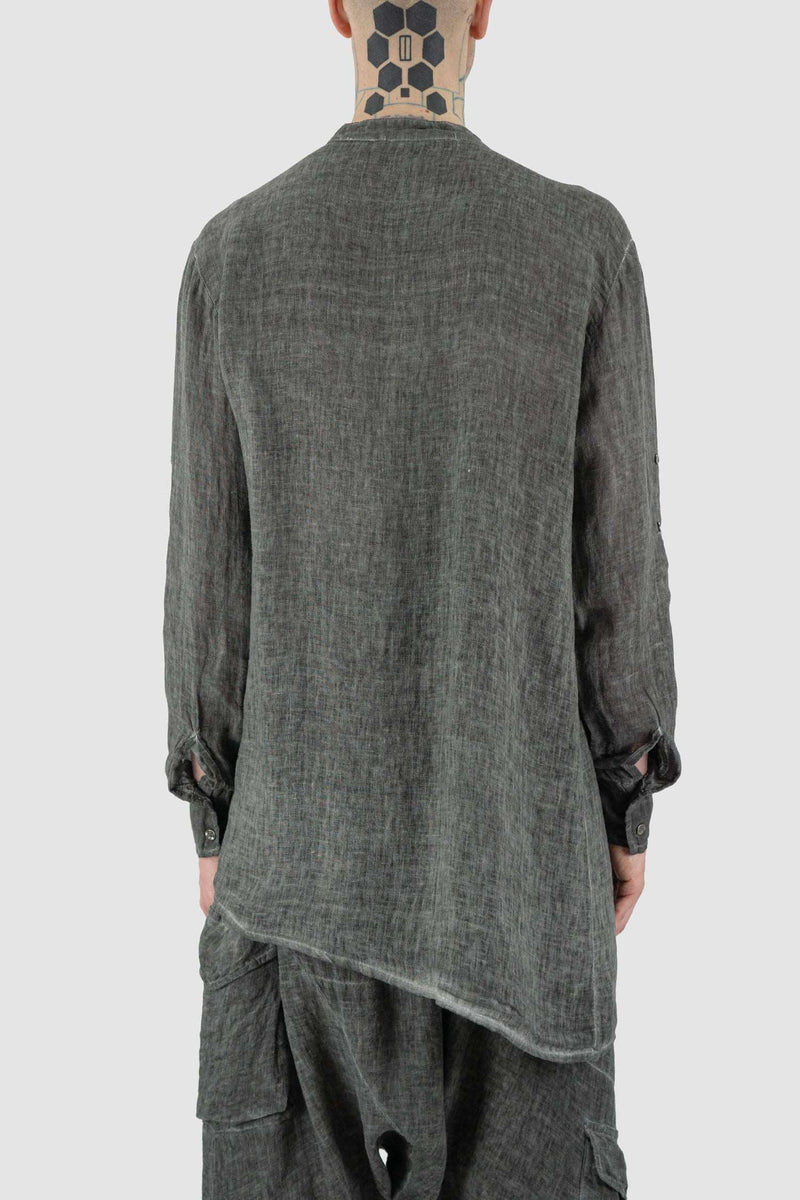 Back view of Grey Cold Dyed Shirt for Men with asymmetrical button closure, LA HAINE INSIDE US