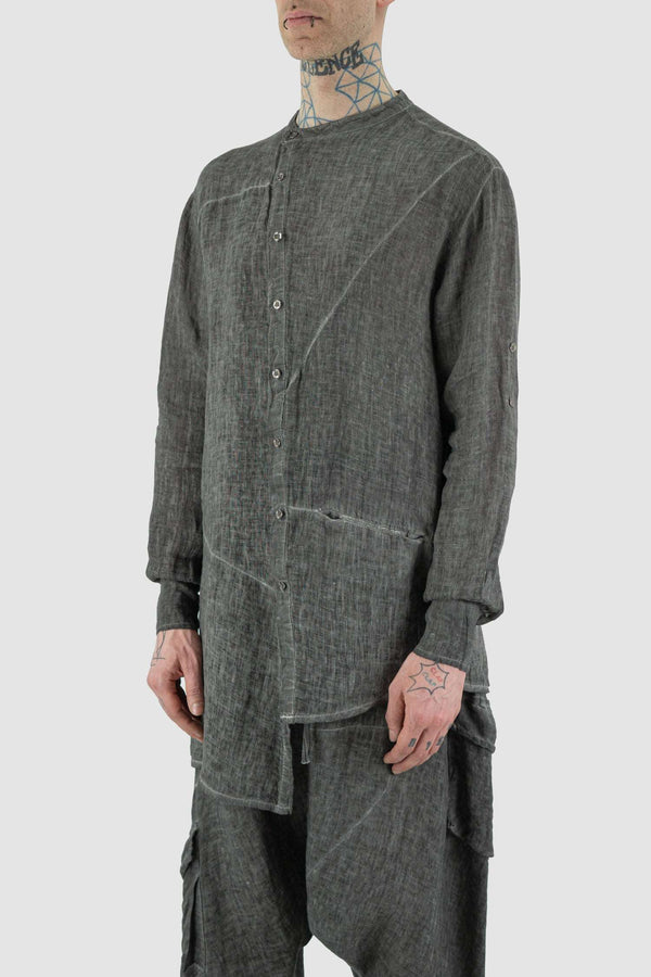 Side view of Grey Cold Dyed Shirt for Men with asymmetrical button closure, LA HAINE INSIDE US