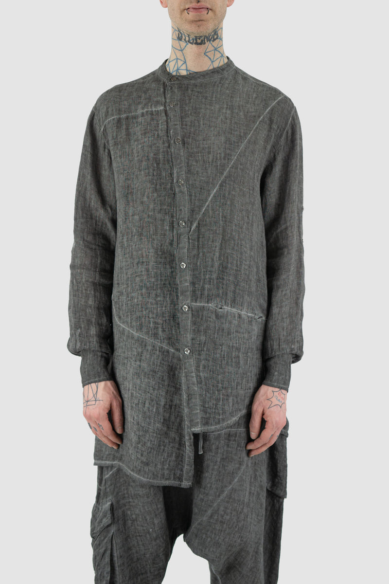 LA HAINE INSIDE US Grey Cold Dyed Shirt - SS24 Collection | 100% Linen | Asymmetrical Button Closure, Oversize Fit, Holder for Shortening Sleeves, Mandarin Neck | Made in Italy