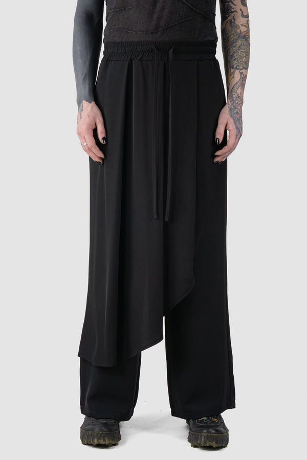 La Haine Inside us - front view of Black Asymmetrical Draped Wide-Leg Wrap Trousers