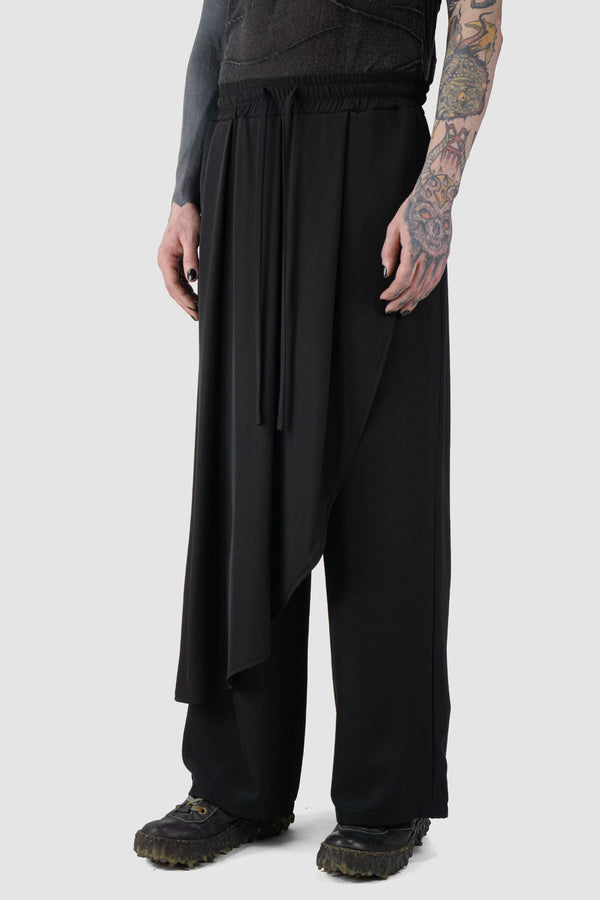 La Haine Inside us - front side view of Black Asymmetrical Draped Wide-Leg Wrap Trousers