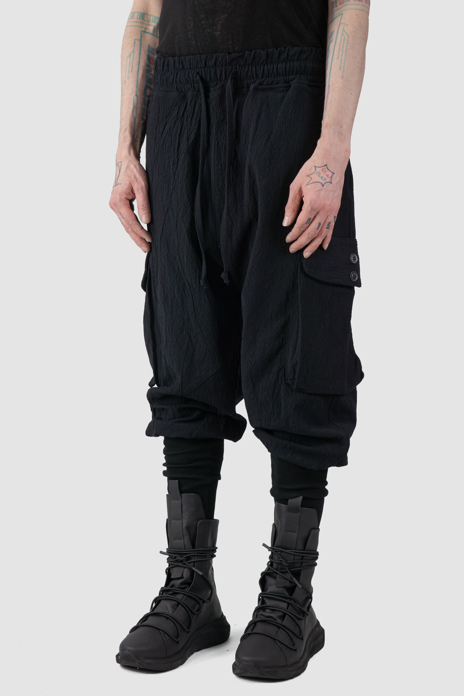 La Haine Inside Us - front side view of black Buffed Cotton Jacquard Cargo Trousers
