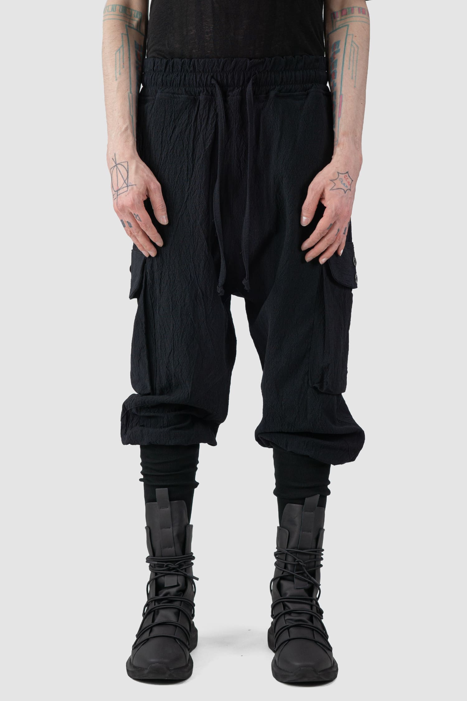 La Haine Inside Us - front view of black Buffed Cotton Jacquard Cargo Trousers