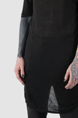 La Haine Inside us - front detail view of black Elongated Viscose Linen T-Shirt