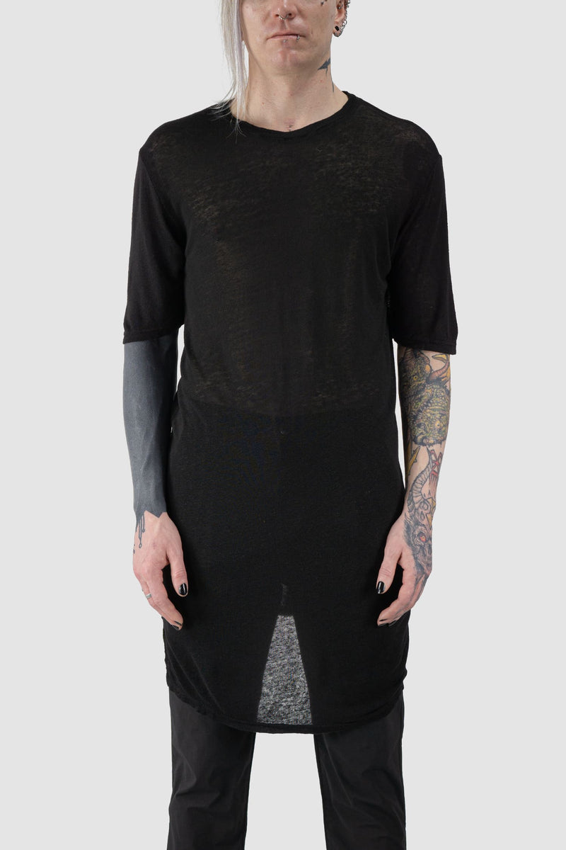 La Haine Inside us - front view of black Elongated Viscose Linen T-Shirt