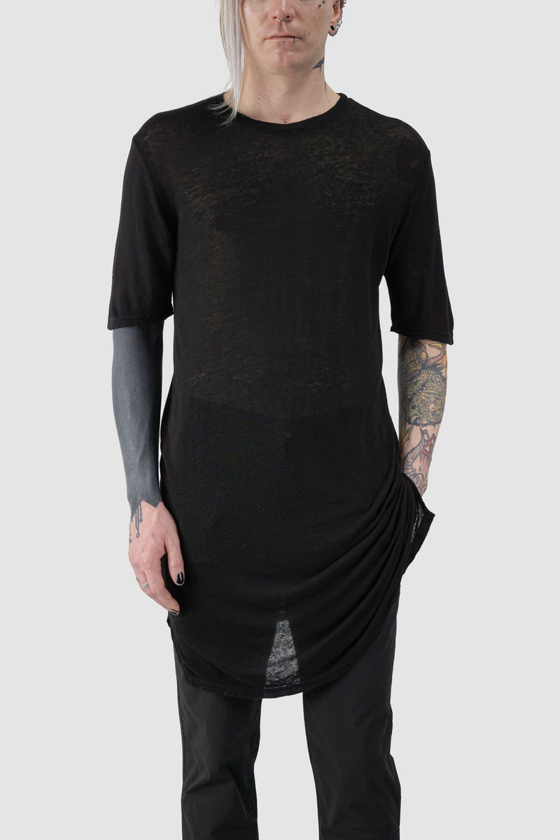 La Haine Inside us - relaxed fit view of black Elongated Viscose Linen T-Shirt