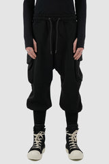 La Haine Inside Us - Front view of black men's heavy cotton baggy cargo sweatpants with high hem at the ankle, adjustable waistband, FW24 collection.