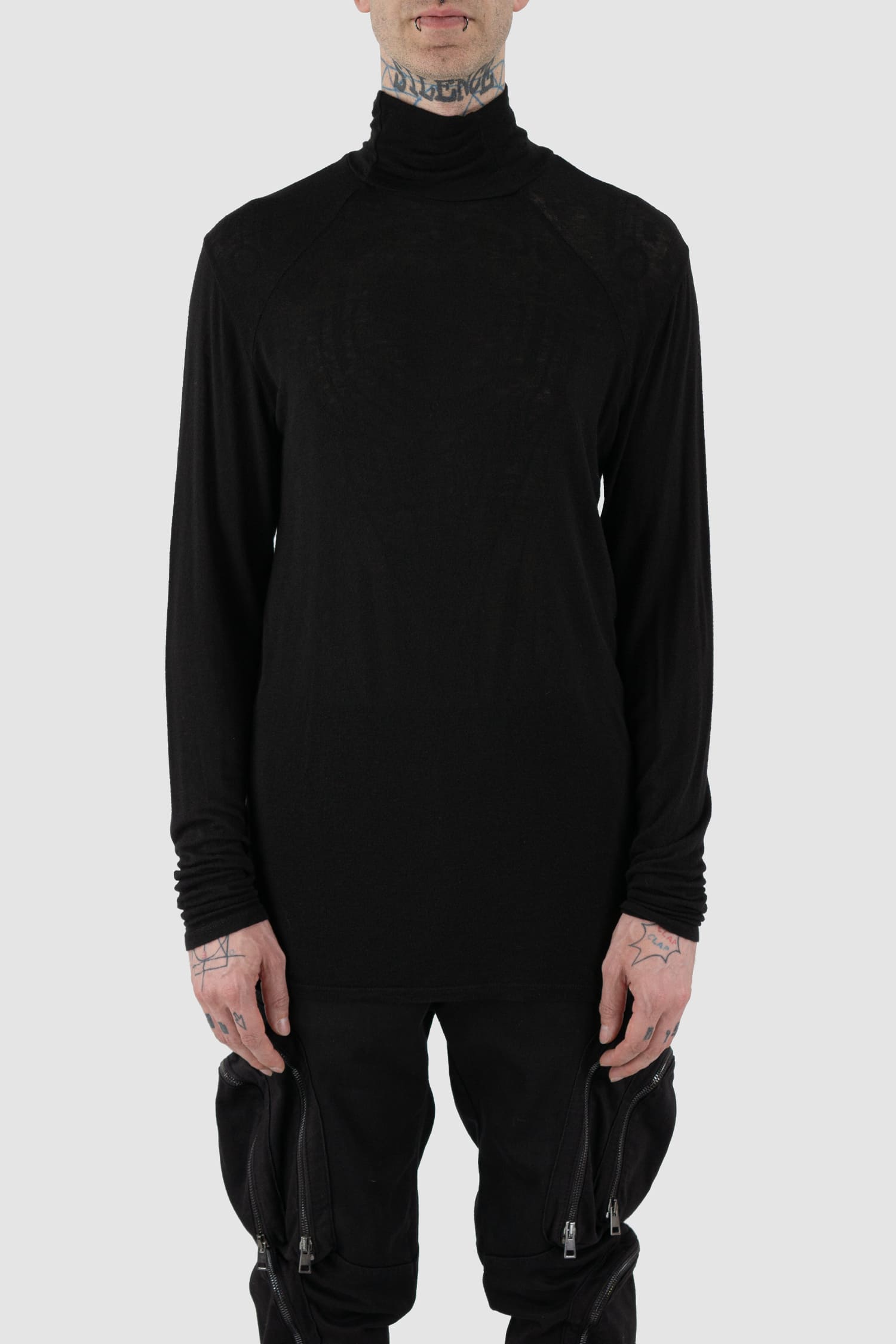La Haine Inside Us - front view of black high neck wool and viscose blend sweater for men from the FW24 collection with extra long sleeves, center back seam and a light and soft touch.