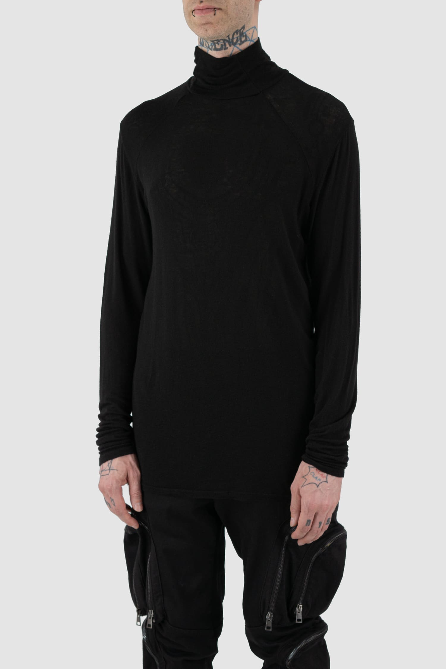 La Haine Inside Us - front side view of black high neck wool and viscose blend sweater for men.