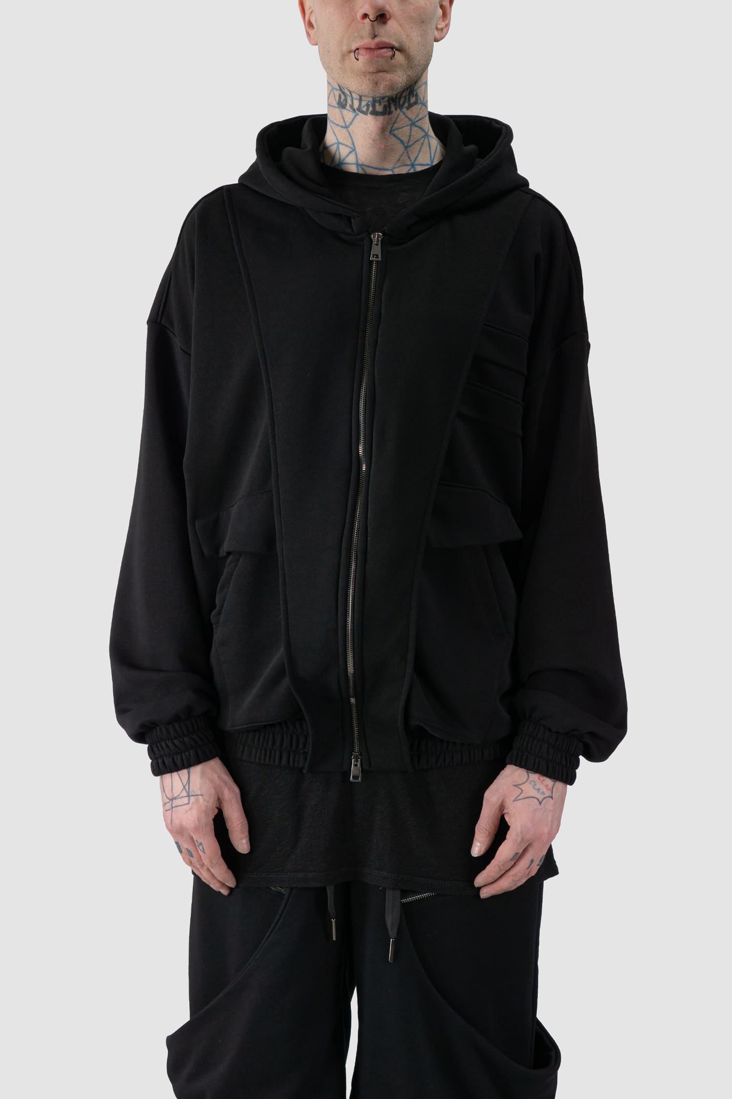La Haine Inside Us - front view of black Hooded Oversized Paneled Sweat Jacket
