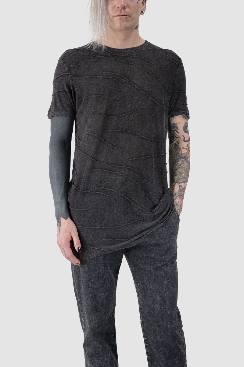 La Haine Inside us - relaxed fit view of Grey Irregular Object-Dyed Viscose Short-Sleeve T-Shirt