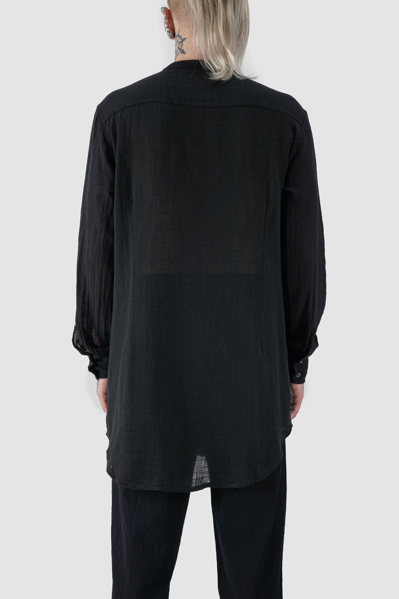 La Haine Inside us - back view of black Long Light Cotton Gauze Mandarin Collar Shirt