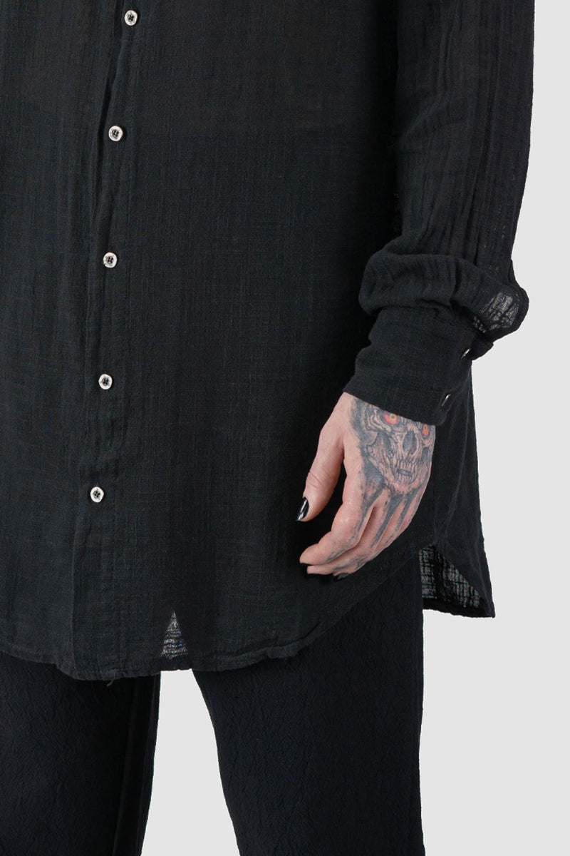 La Haine Inside us - front detail view of black Long Light Cotton Gauze Mandarin Collar Shirt