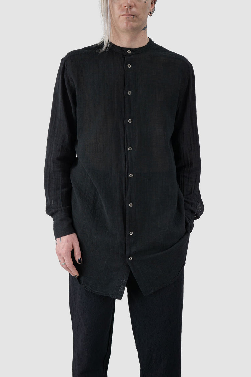 La Haine Inside us - relaxed fit view of black Long Light Cotton Gauze Mandarin Collar Shirt