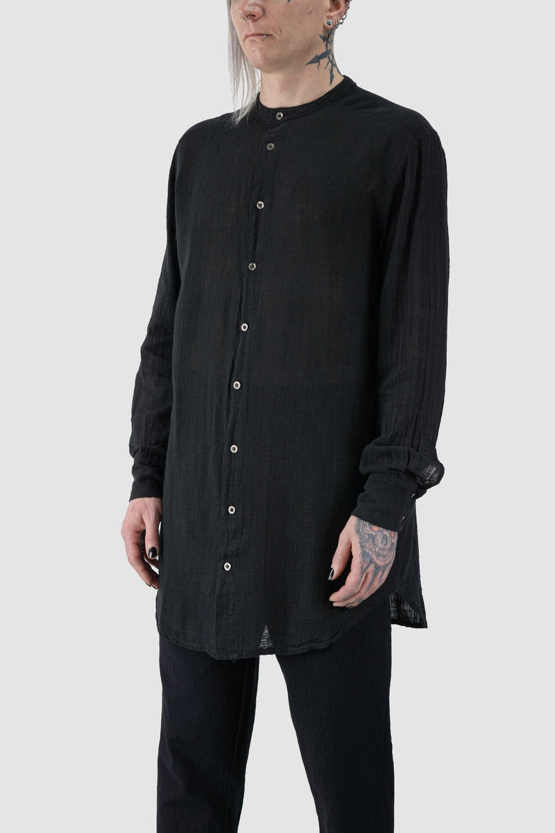 La Haine Inside us - front side view of black Long Light Cotton Gauze Mandarin Collar Shirt