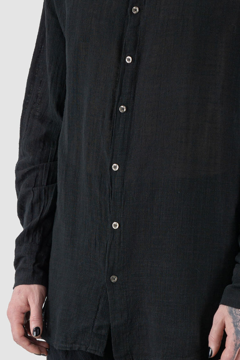 La Haine Inside us - front detail view of black Regular Cotton Gauze Mandarin Collar Shirt