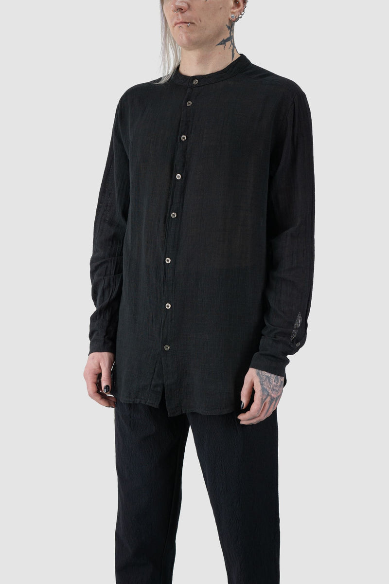 La Haine Inside us - front side view of black Regular Cotton Gauze Mandarin Collar Shirt