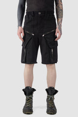 La Haine Inside us - front view of black Stretch Cotton Denim Utility Cargo Shorts