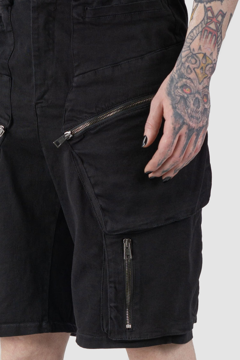 La Haine Inside us - front detail view of black Stretch Cotton Denim Utility Cargo Shorts