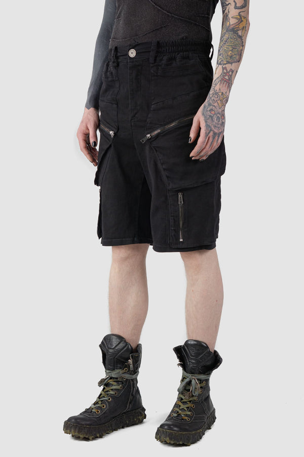 La Haine Inside us - front side view of black Stretch Cotton Denim Utility Cargo Shorts