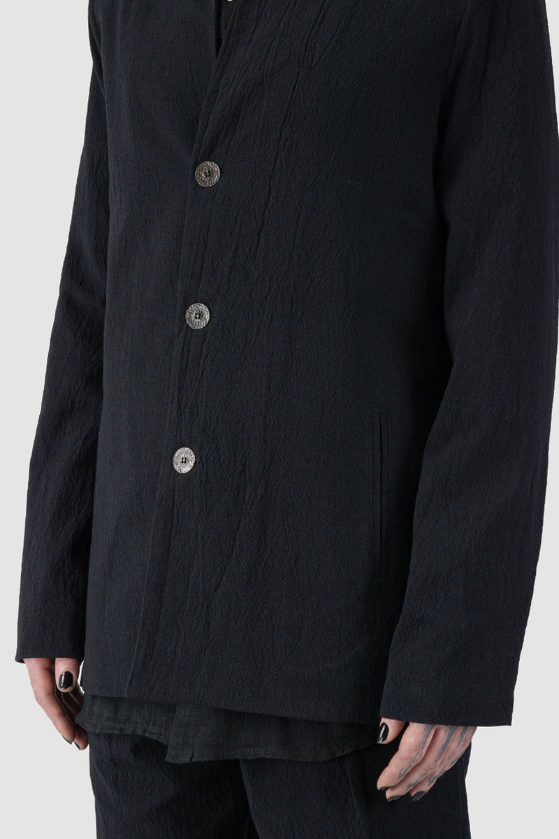 La Haine Inside us - button detail view of Black Stretch Cotton Jacquard Blazer Jacket