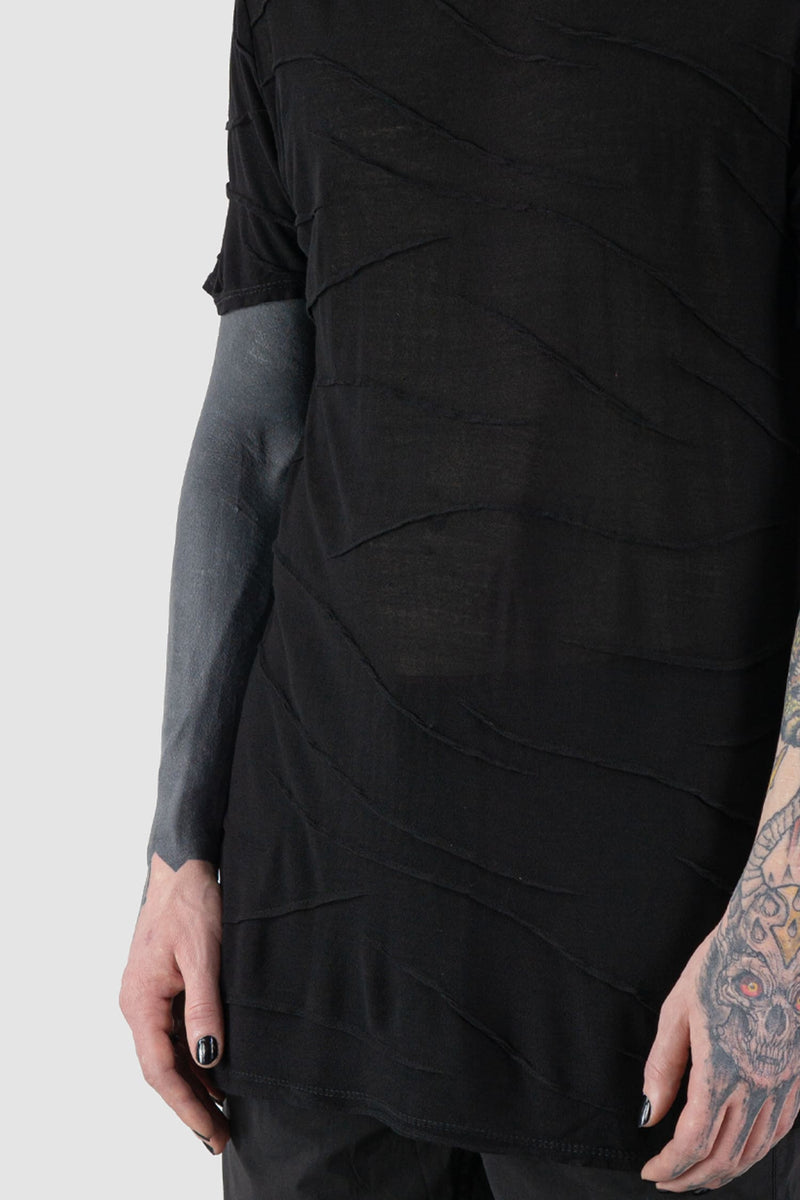 La Haine Inside us - front detail view of black Textured Viscose Short-Sleeve T-Shirt