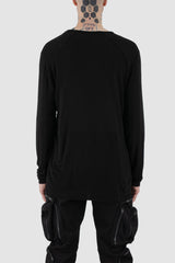 La Haine Inside Us - back view of black thin wool and viscose blend sweater for men from the FW24 collection with extra-long sleeves, a round neckline and a light and soft feel.