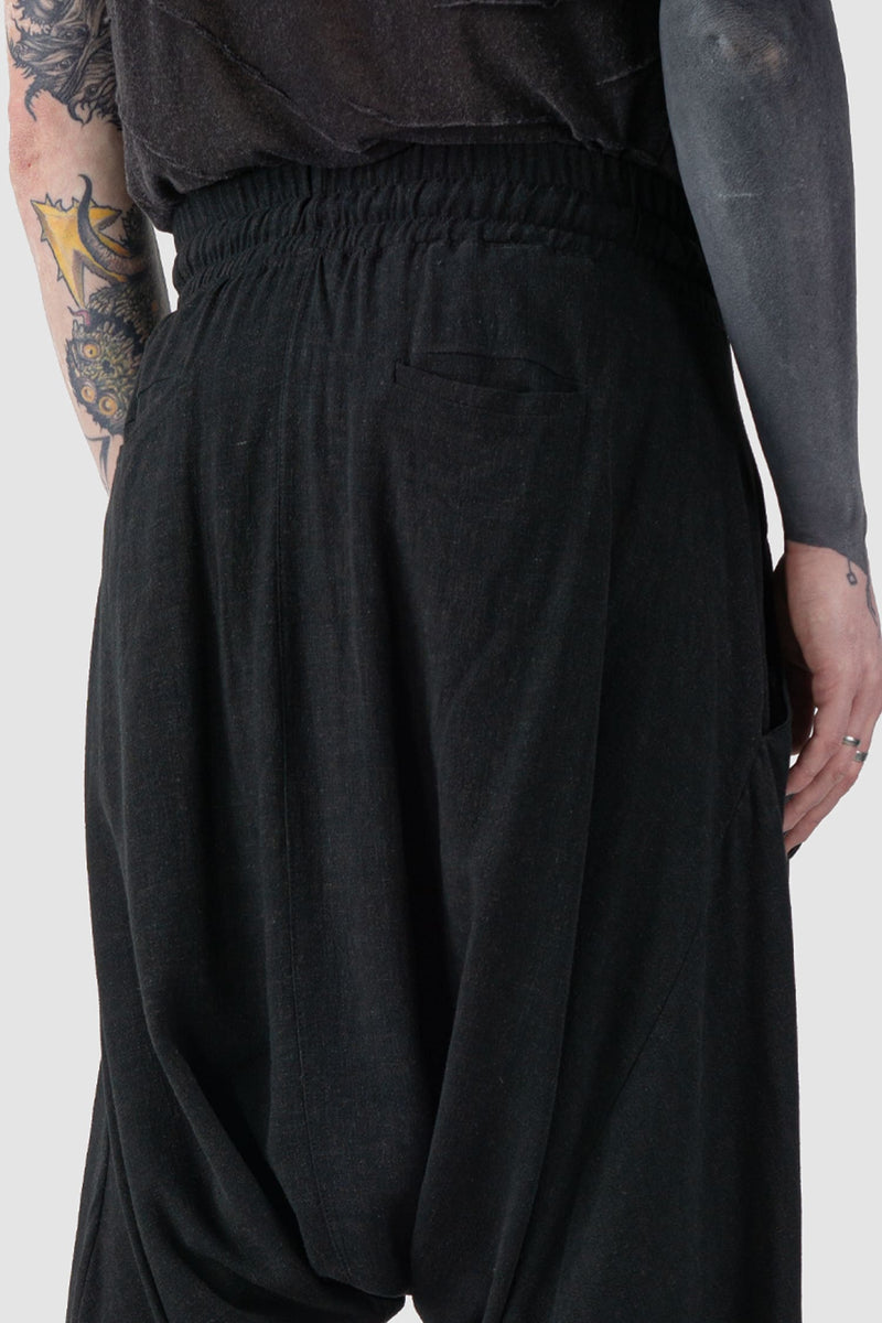 La Haine Inside us - back detail view of Black Viscose Linen Relaxed Fit Drop Crotch Shorts