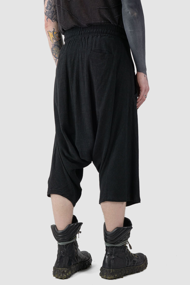 La Haine Inside us - back side view of Black Viscose Linen Relaxed Fit Drop Crotch Shorts