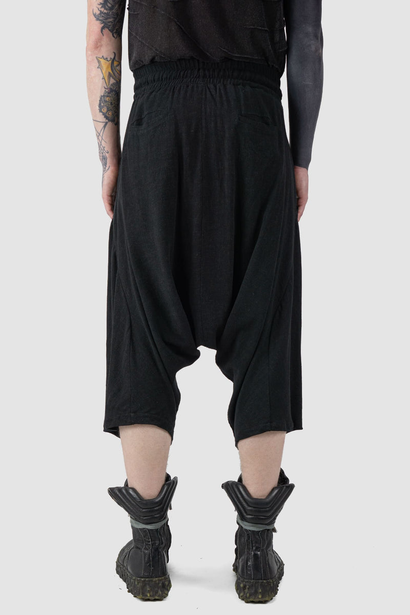 La Haine Inside us - back view of Black Viscose Linen Relaxed Fit Drop Crotch Shorts