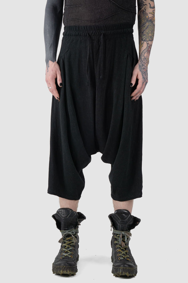 La Haine Inside us - front view of Black Viscose Linen Relaxed Fit Drop Crotch Shorts