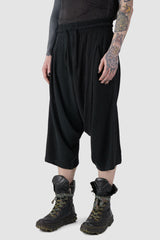 La Haine Inside us - front side view of Black Viscose Linen Relaxed Fit Drop Crotch Shorts