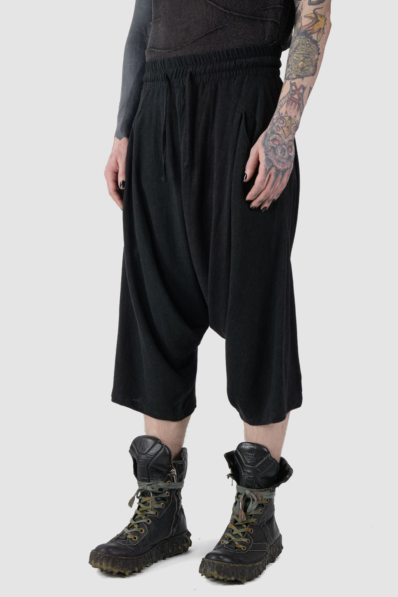 La Haine Inside us - front side view of Black Viscose Linen Relaxed Fit Drop Crotch Shorts