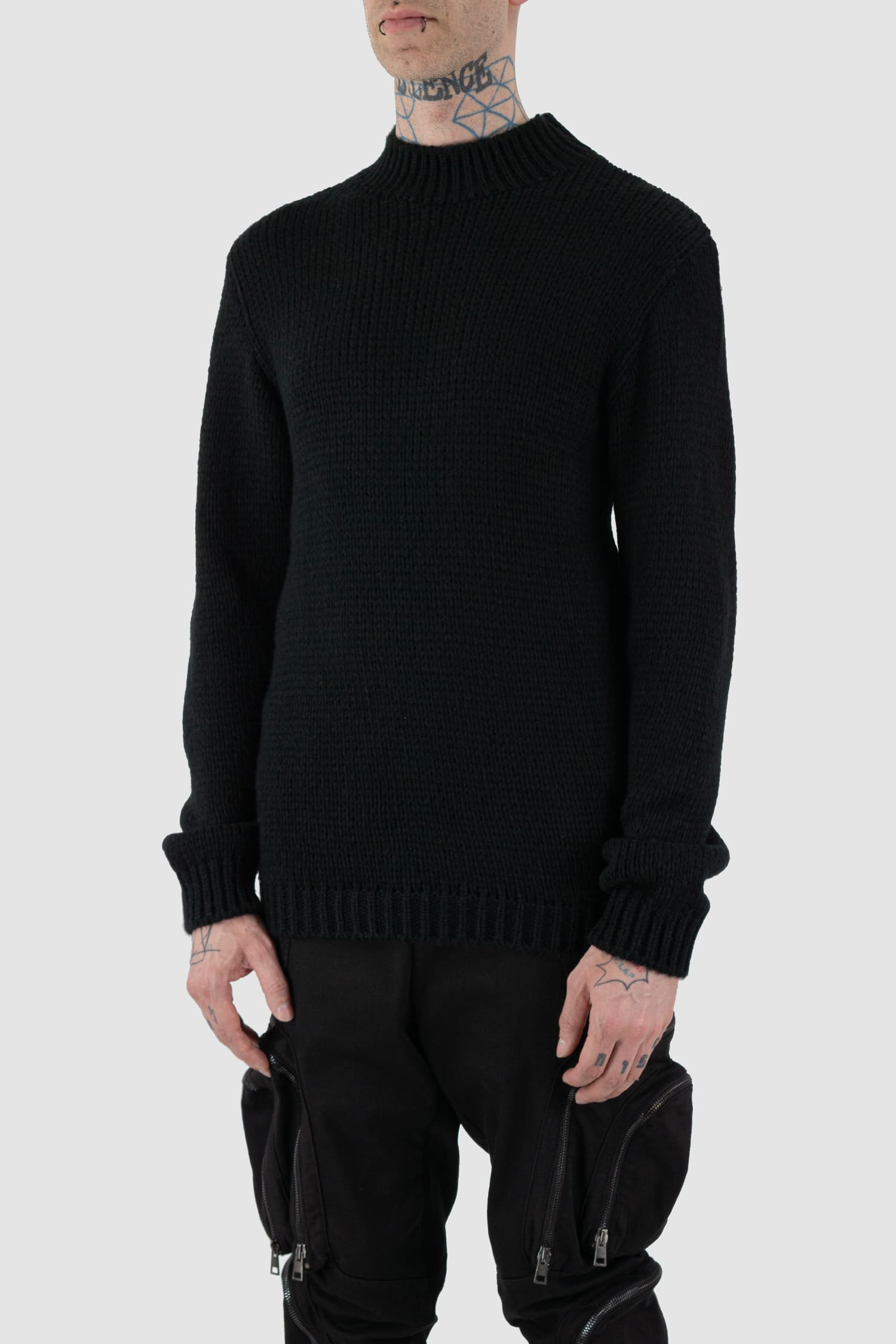 La Haine Inside Us - front view of black wool blend knit sweater for men.